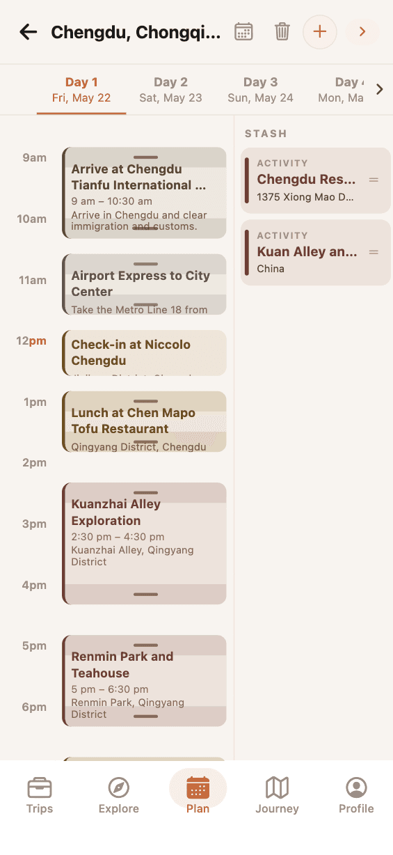 Stash panel with saved activities